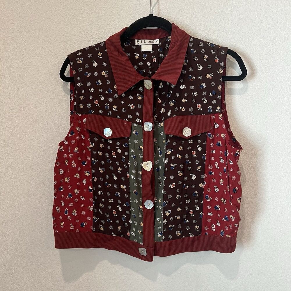 F.L. Malik Women Size M Vintage Button Up Patchwork Hippie Floral Retro Vest